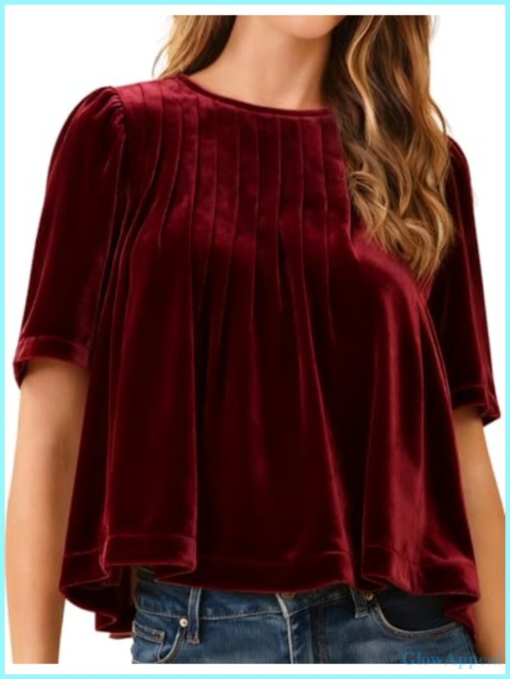 Lentta Velvet Peplum Babydoll Blouse Pleated Short Sleeve